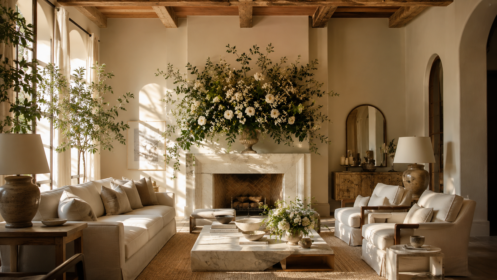 Composição floral instalada em sala iluminada