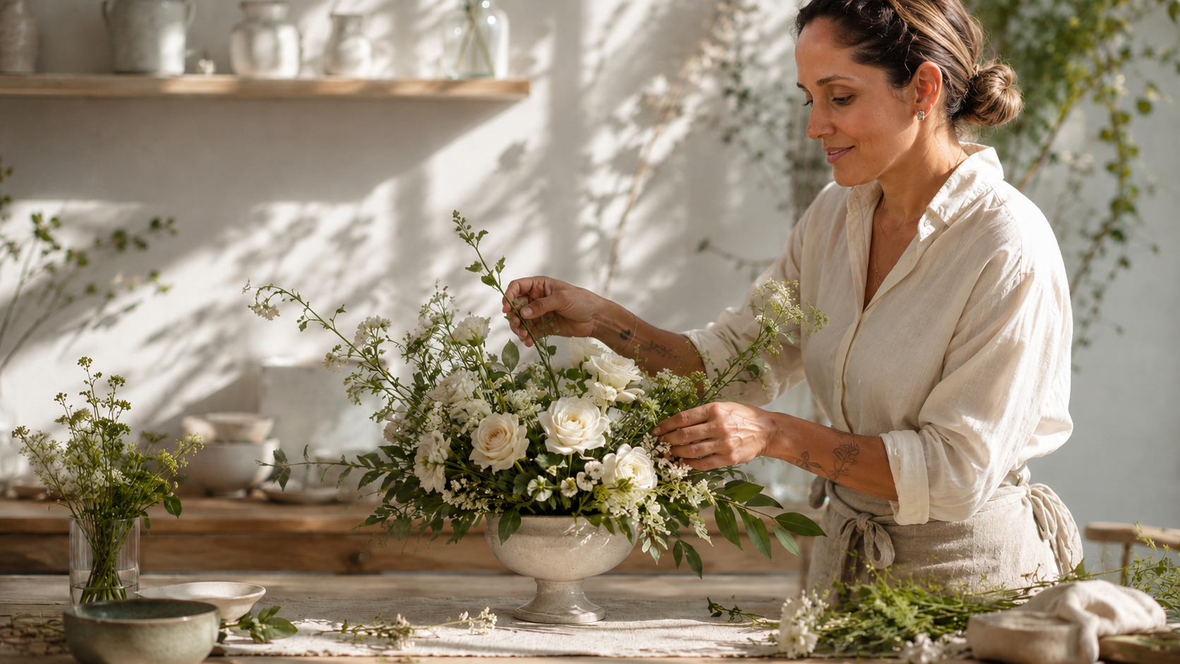 Mãos femininas montando um arranjo floral em ateliê iluminado